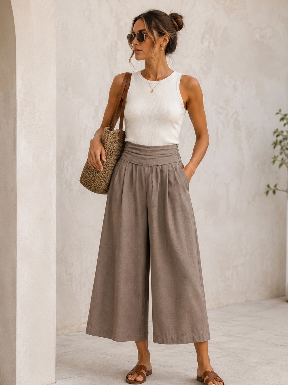 Linen Blend Wide Leg Cropped Pants Taupe High Rise Coastal Chic